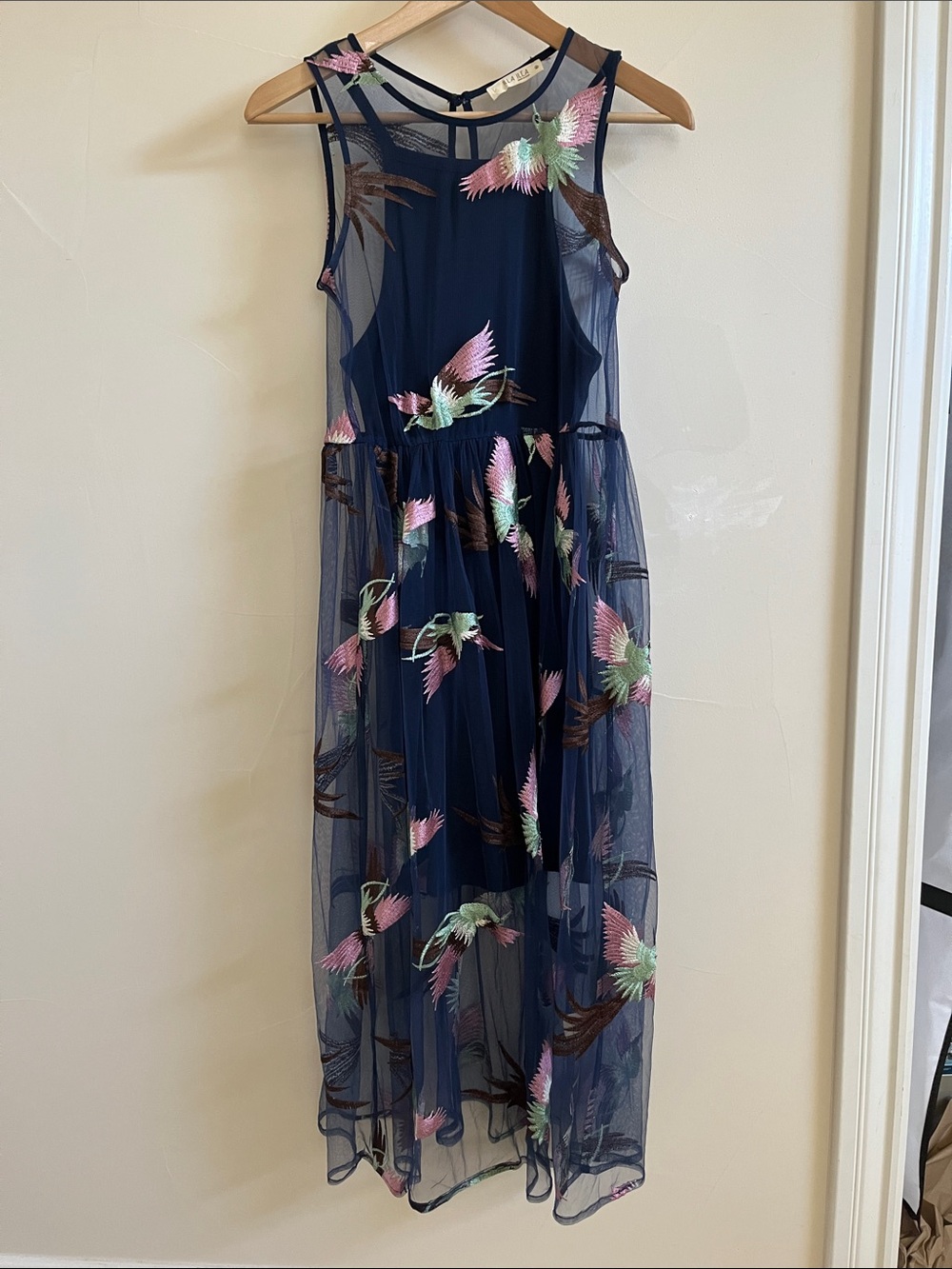 Navy Mesh Maxi Dress with Embroidered Pink & Mint Birds size smal